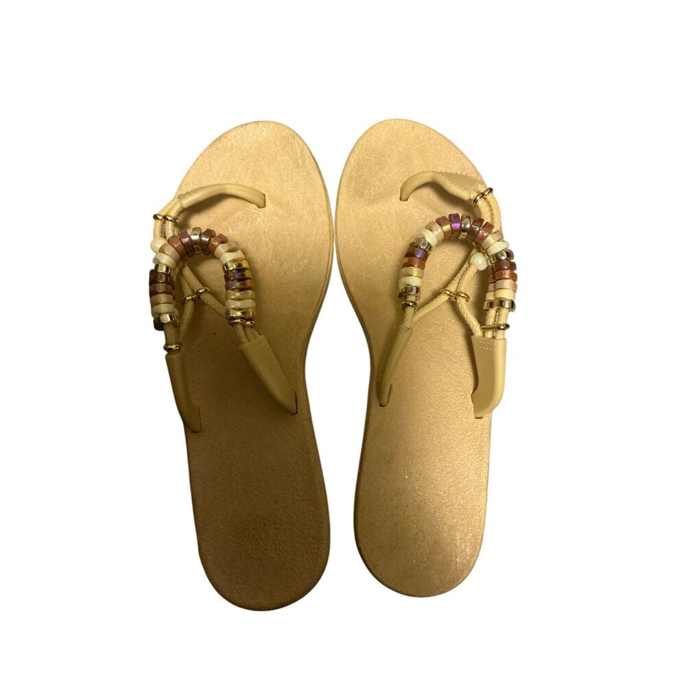 Women's Tan Brown Beaded Strappy Flat Thong Sandals Flip Flops Women's Size 6